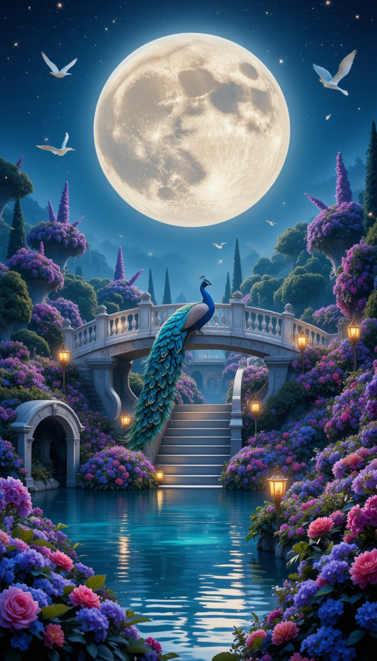 Pavão majestoso em uma ponte ao luar em um jardim encantado