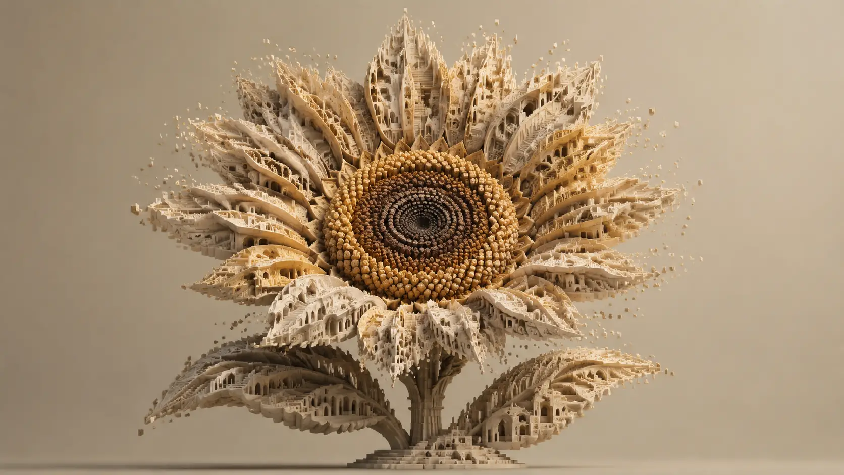 Scultura architettonica di girasole composta da scale e archi