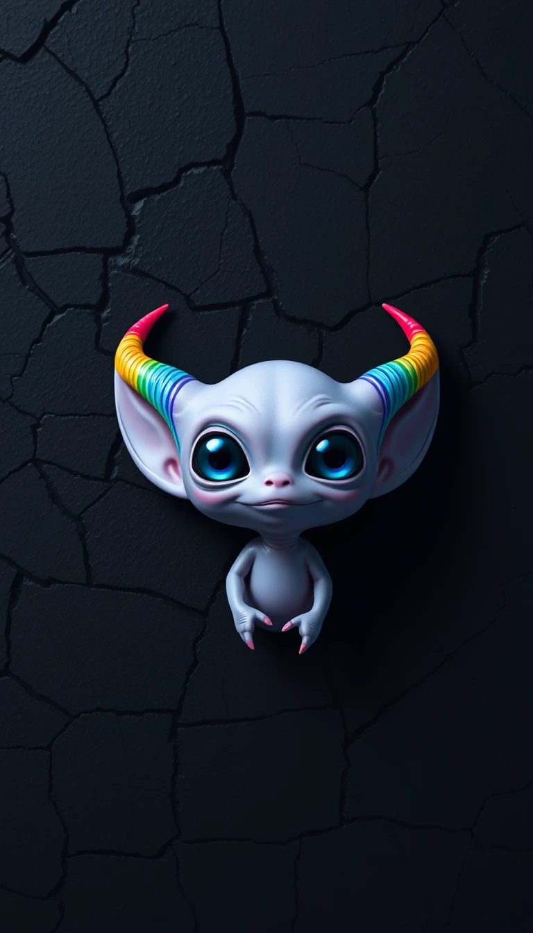 Cute purple alien with rainbow horns on dark stone background