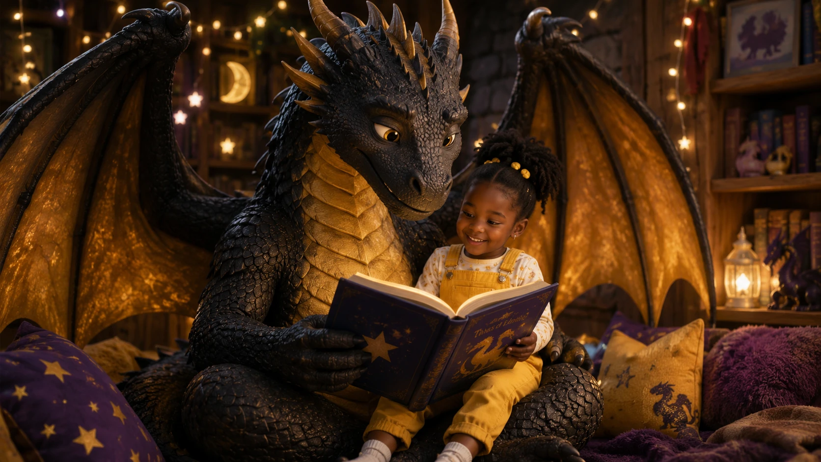 Bambina che ascolta un drago leggere un libro di fiabe