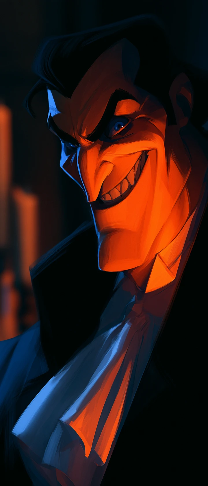 Portrait masculin sinistre à la peau orange et au sourire tranchant