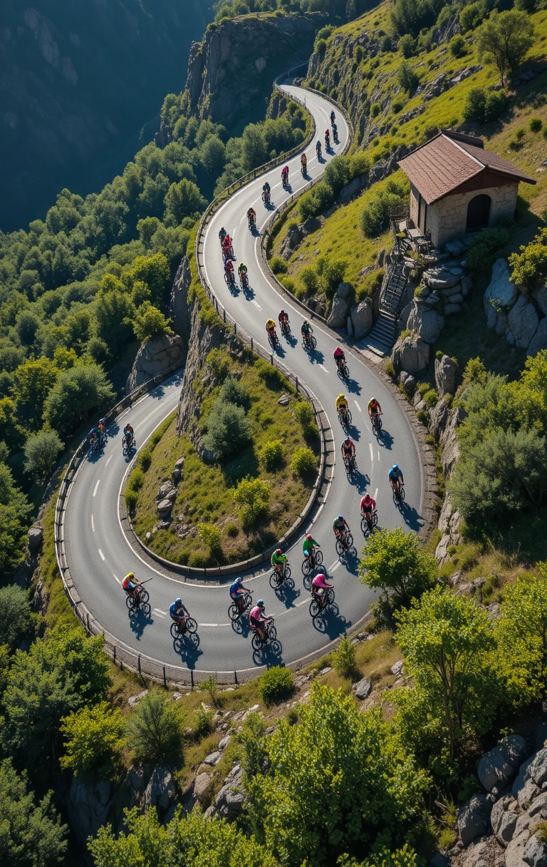 Ciclisti in gara lungo una tortuosa strada di montagna visti dall’alto