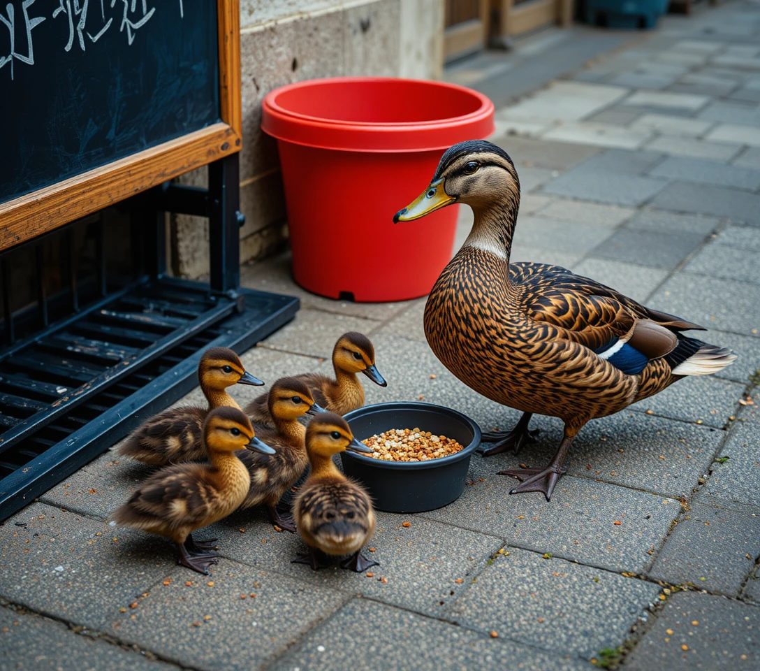 Pata com patinhos em calçada urbana