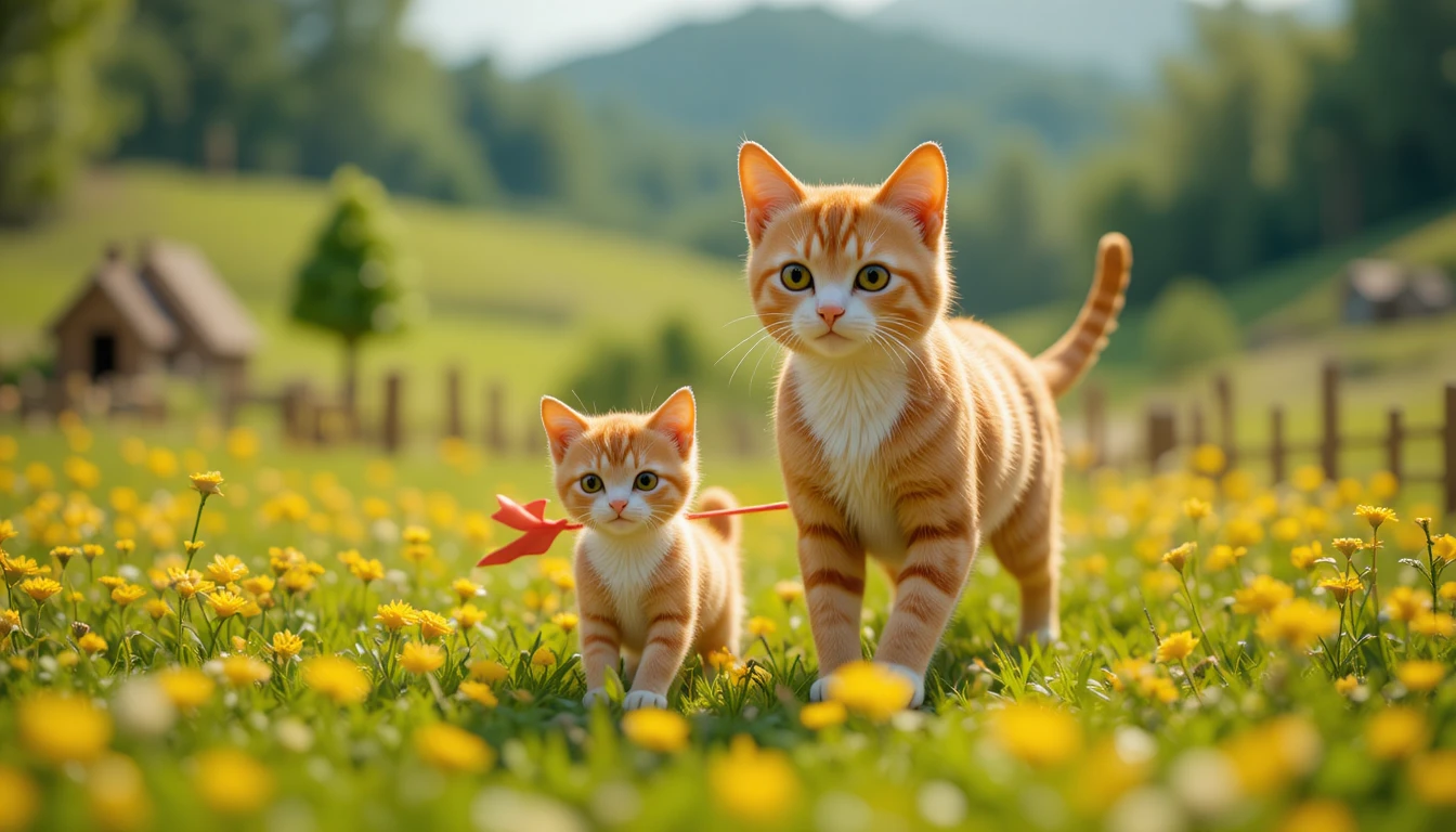 Gata mãe e filhote carregando pipa vermelha no prado