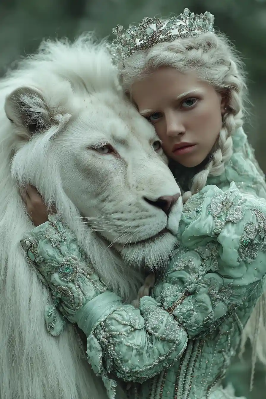 Principessa fantasy con leone bianco in ritratto verde menta