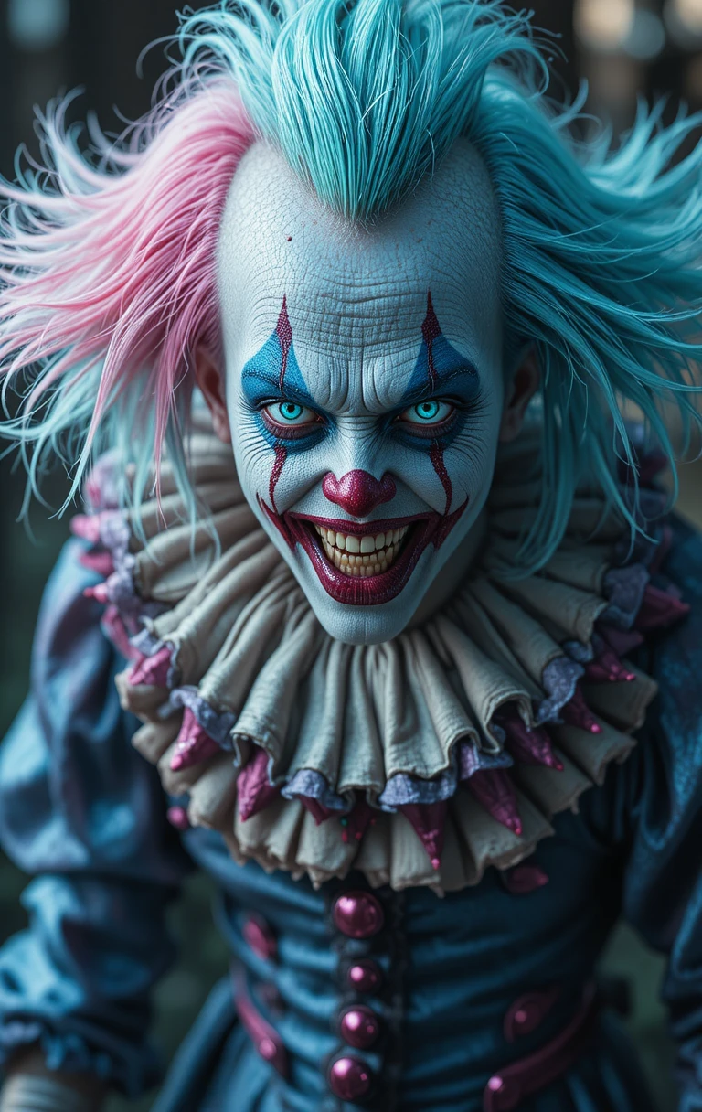 Clown sinistro con capelli pastello e occhi blu smeraldo