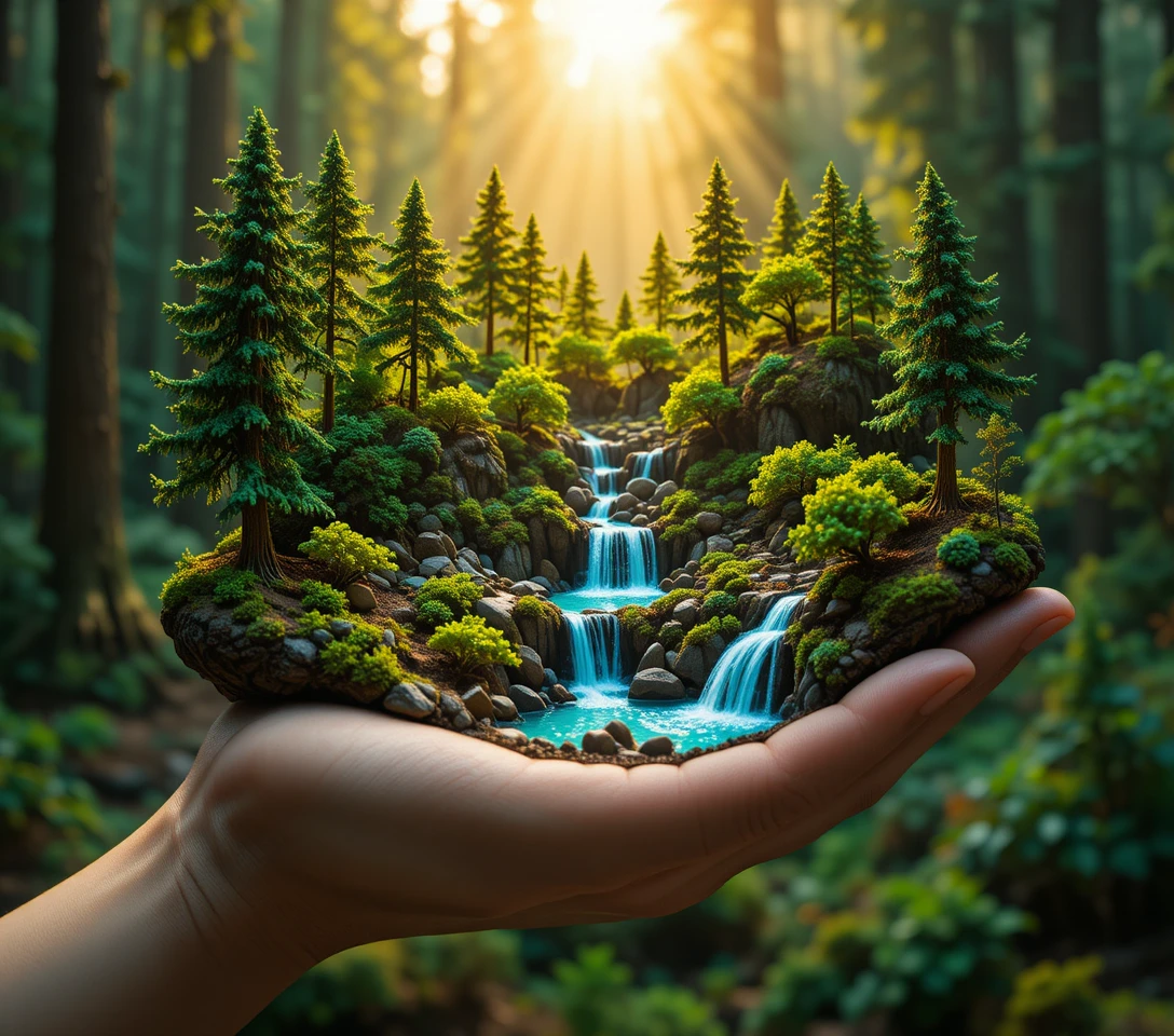 Miniatur-Wald-Diorama mit Wasserfällen in einer Hand gehalten