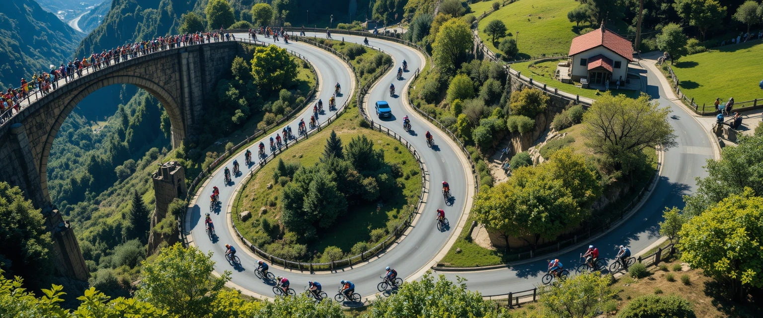 Ciclistas suben una sinuosa carretera de montaña vistos desde arriba