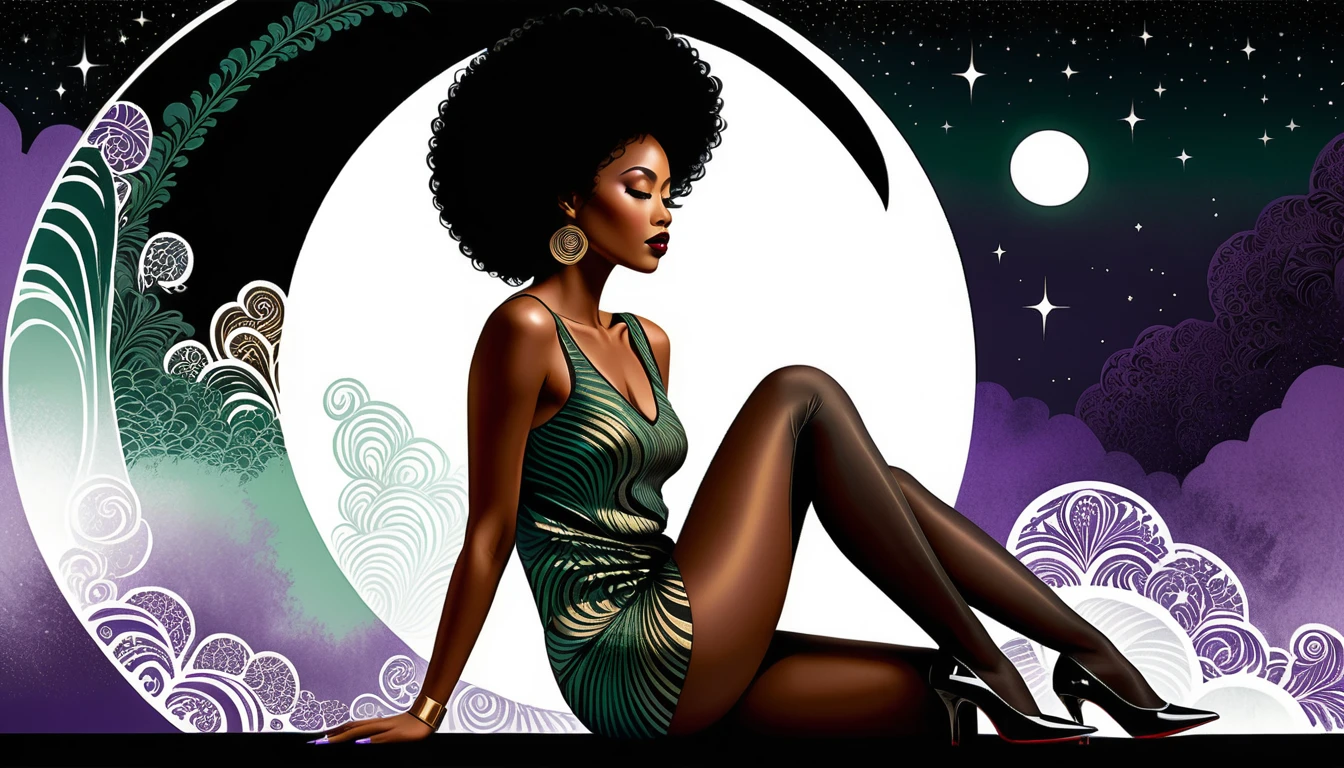 Femme aux cheveux afro agenouillée dans une illustration lunaire surréaliste