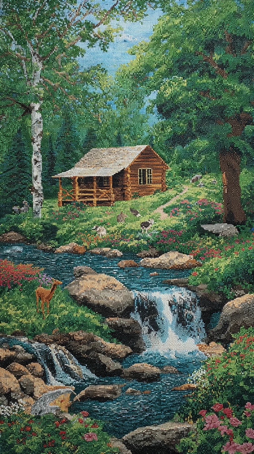 Sommerliche Flusshütte mit Wasserfall und verspielten Waldbewohnern