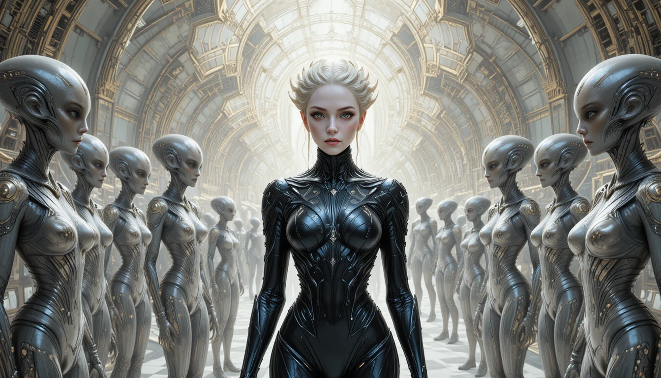 Reine gothique de science‑fiction rencontrant des équipes aliens dans l’espace