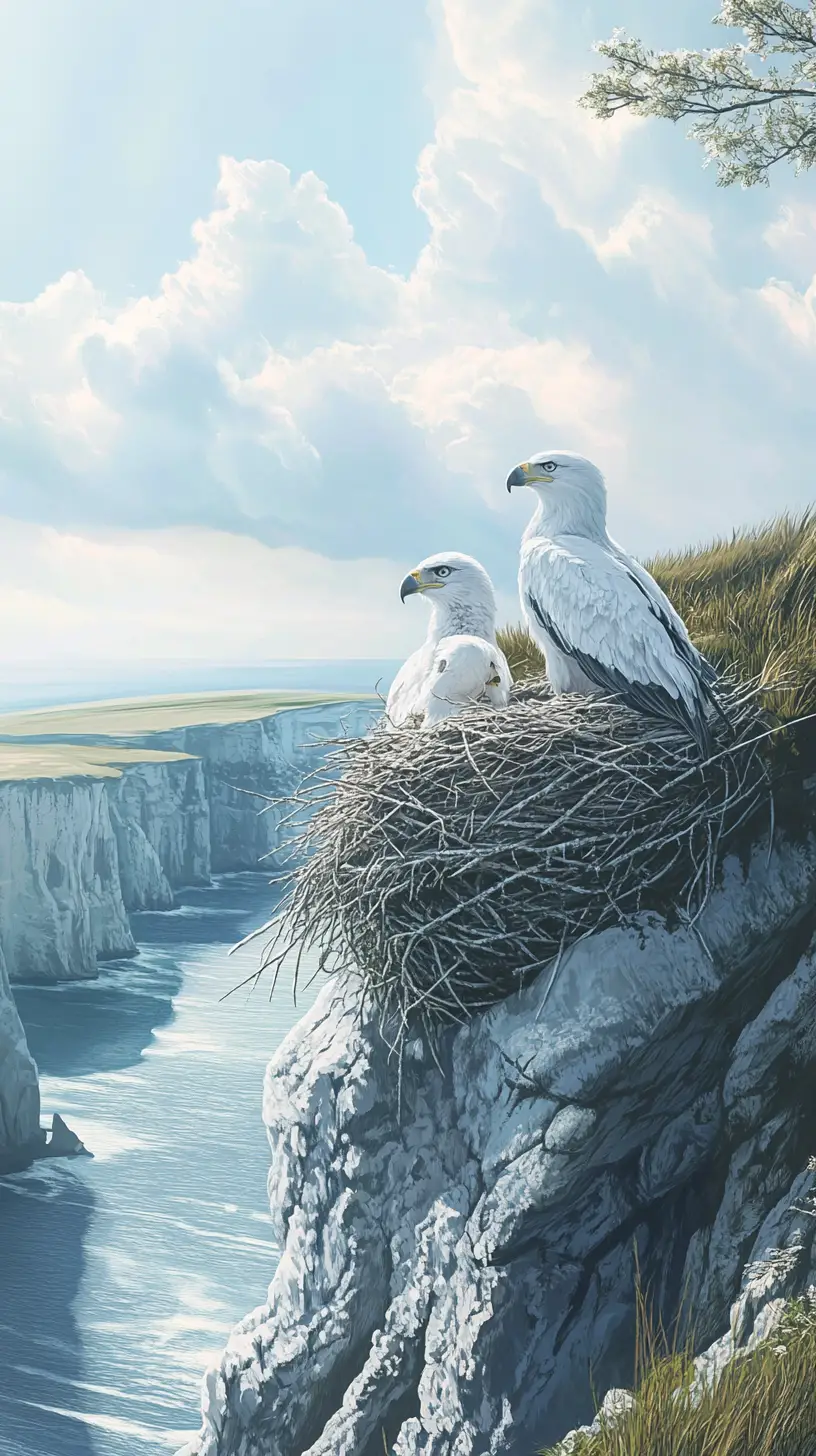 Adlerfamilie ruht in einem Nest an der Klippe über dem Meer
