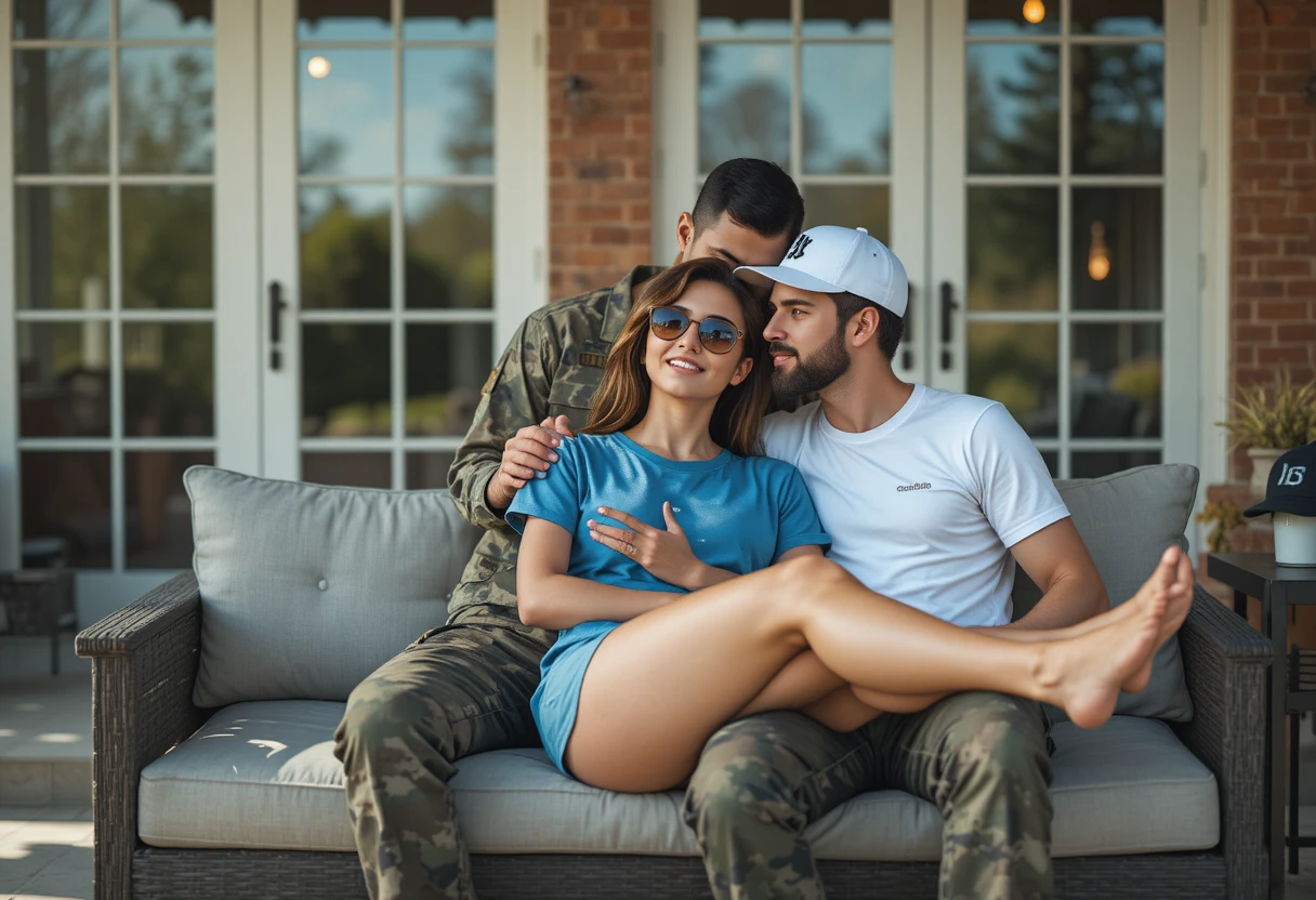 Militar se inclina sobre mulher relaxando em sofá ao ar livre