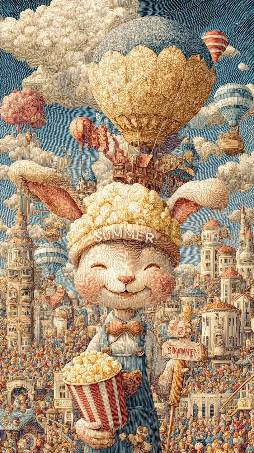 Cheerful Cartoon Rabbit In A Pastel Fantasy City