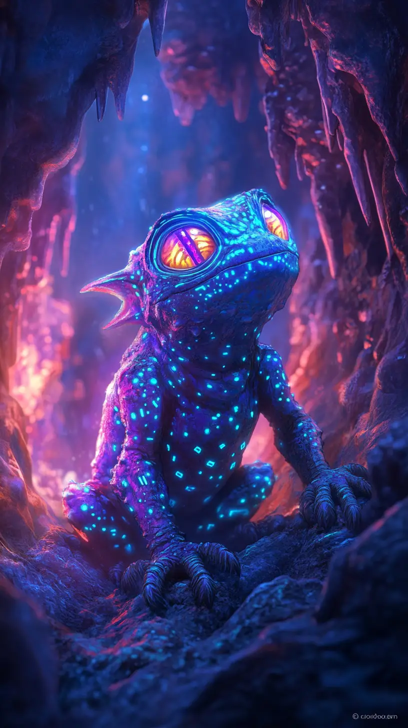Goblin creature crouched in a glowing bioluminescent cave