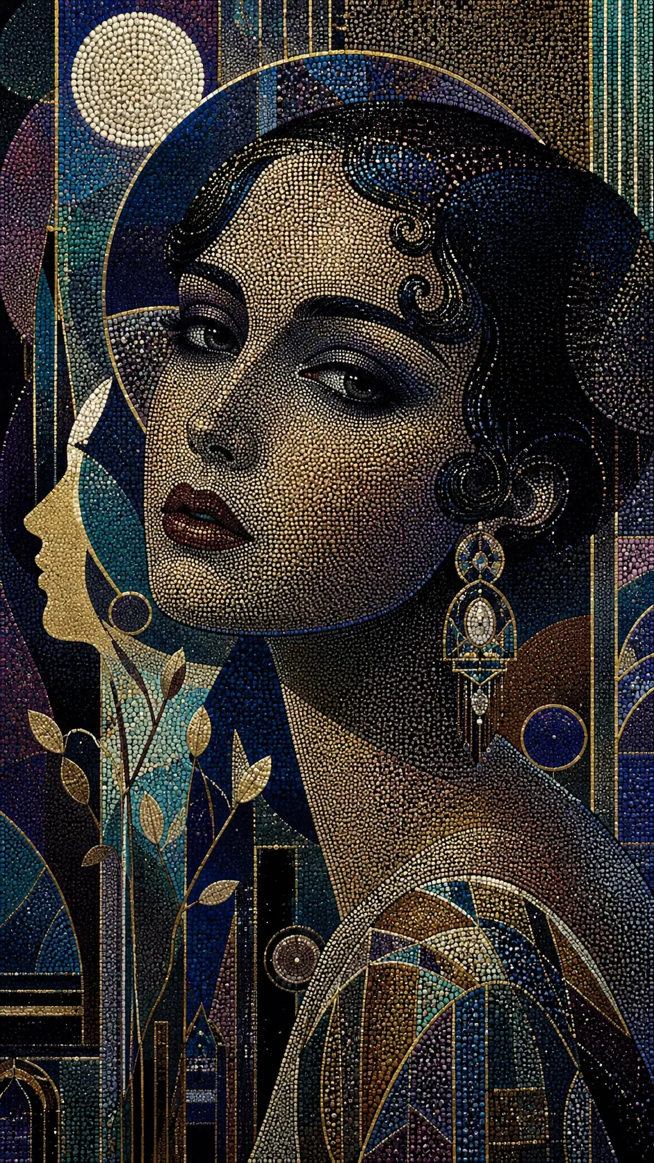 Pointillist portrait of a mysterious woman in art deco style