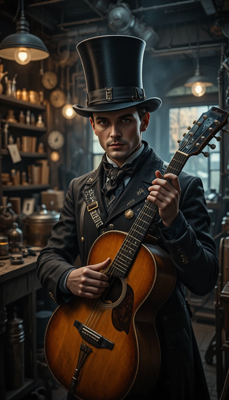 Hombre steampunk con guitarra en taller de herrero