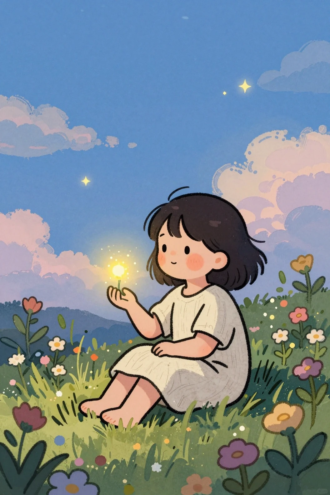 Adorable petite fille dans un jardin de fleurs sauvages au crépuscule avec lumière de fée