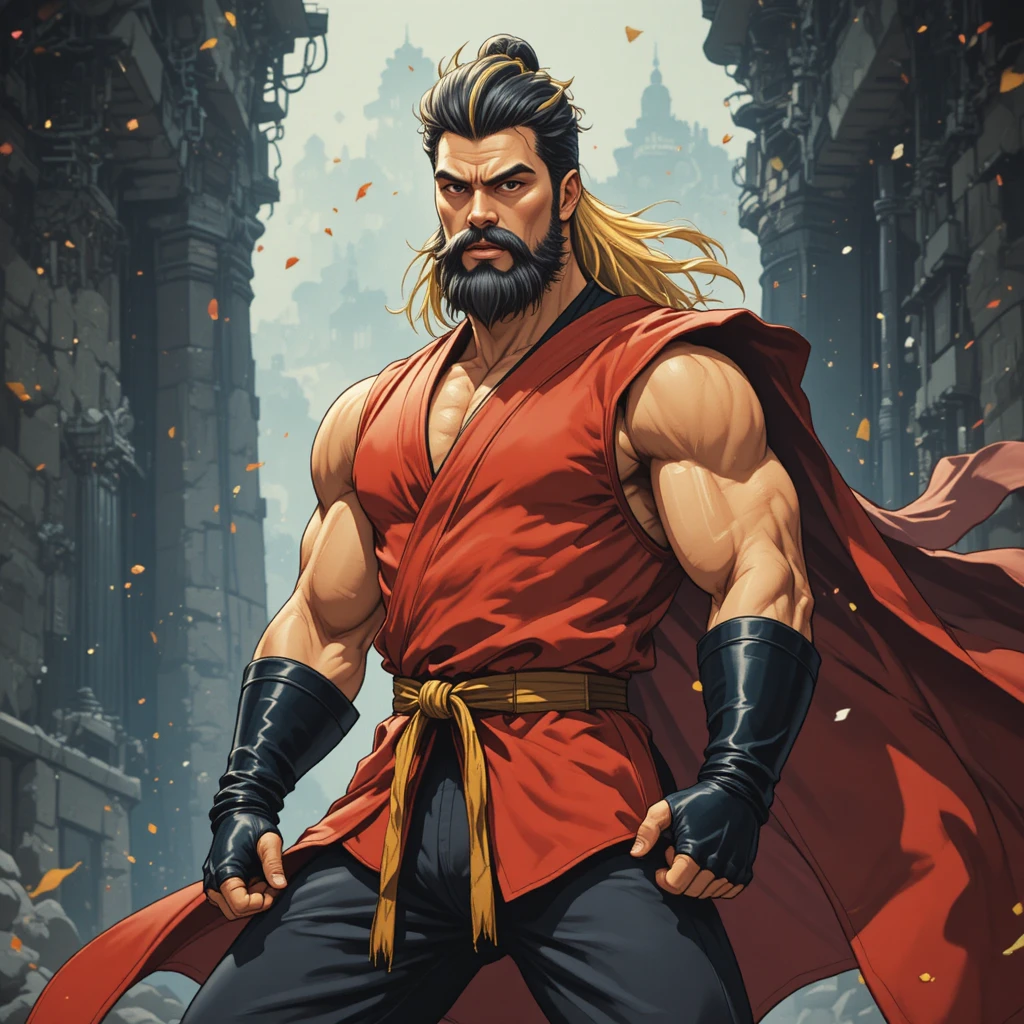 Artista marcial musculoso com capa em estilo de anime retrô