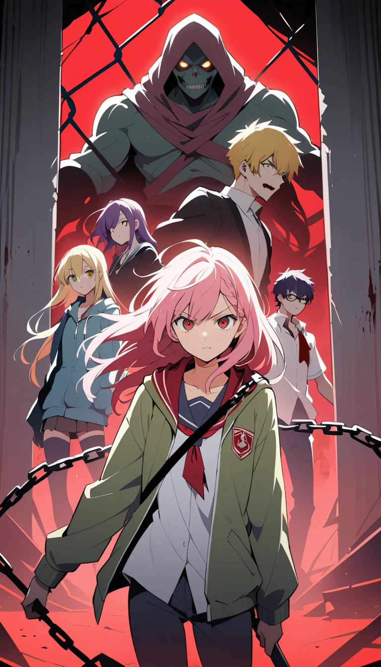 Studenti delle superiori in stile anime sopravvissuti in fila in un'apocalisse zombie