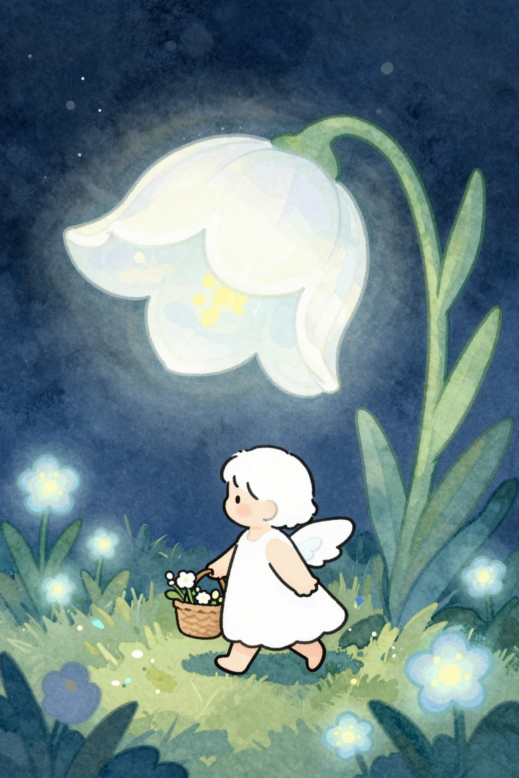Adorable petit ange sous une gigantesque campanule bleue lumineuse