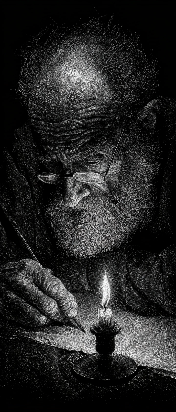 Erudito idoso estudando à luz de vela em retrato pontilhista