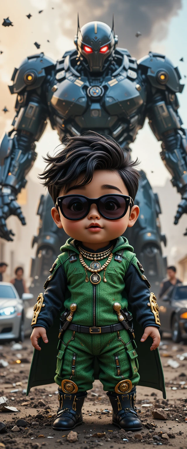 Super bebê herói enfrentando um robô colossal na cidade