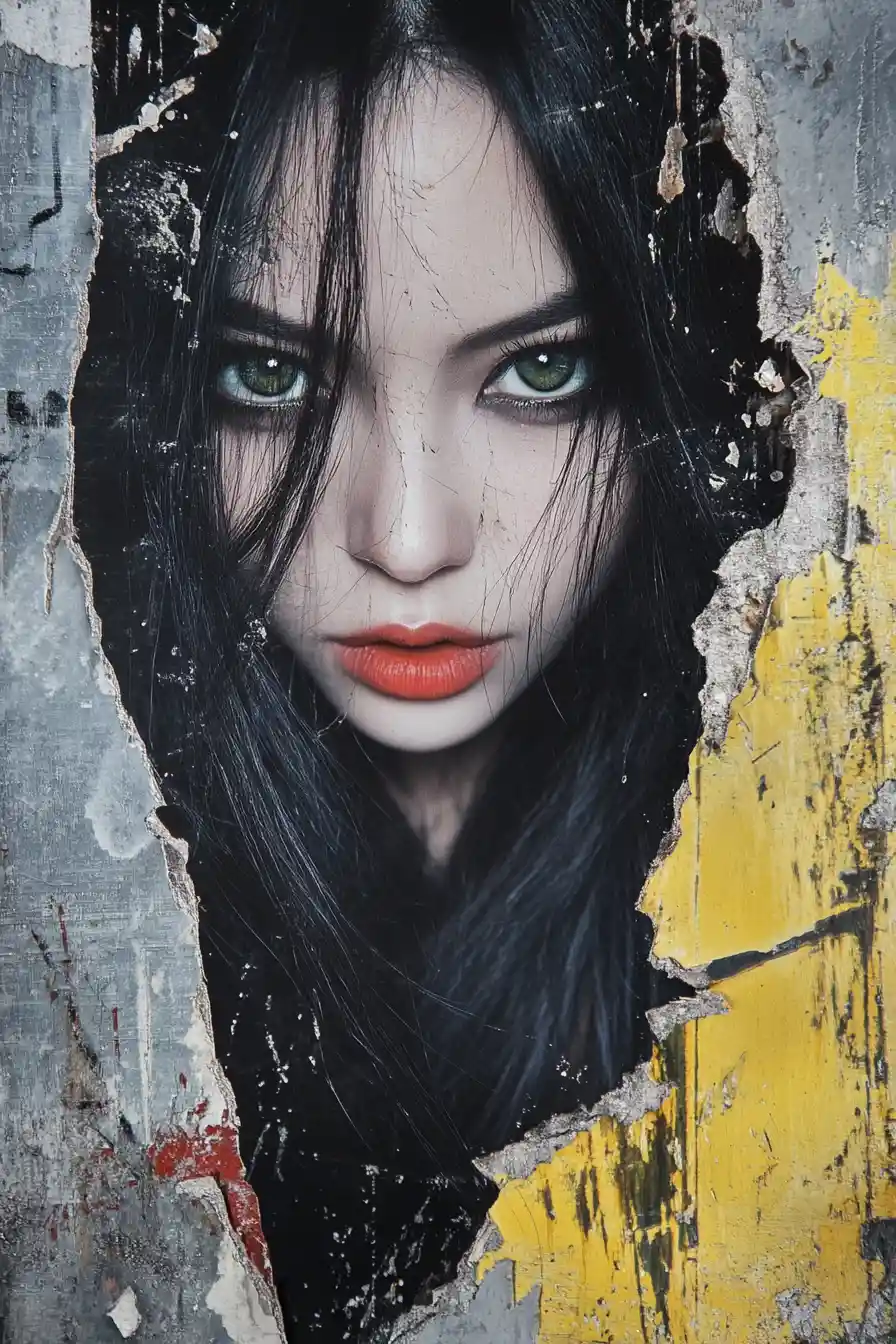 Poster strappato con ritratto gotico di donna cinese