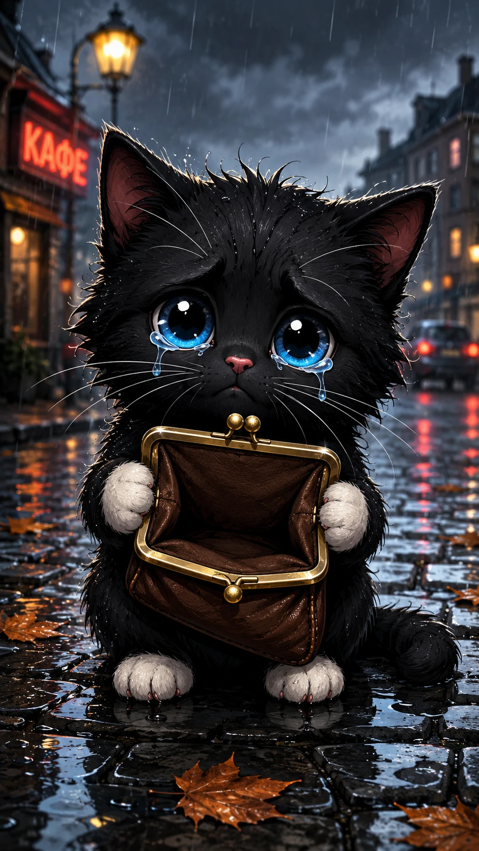 Chaton noir triste avec portefeuille sur le pavé mouillé de la ville