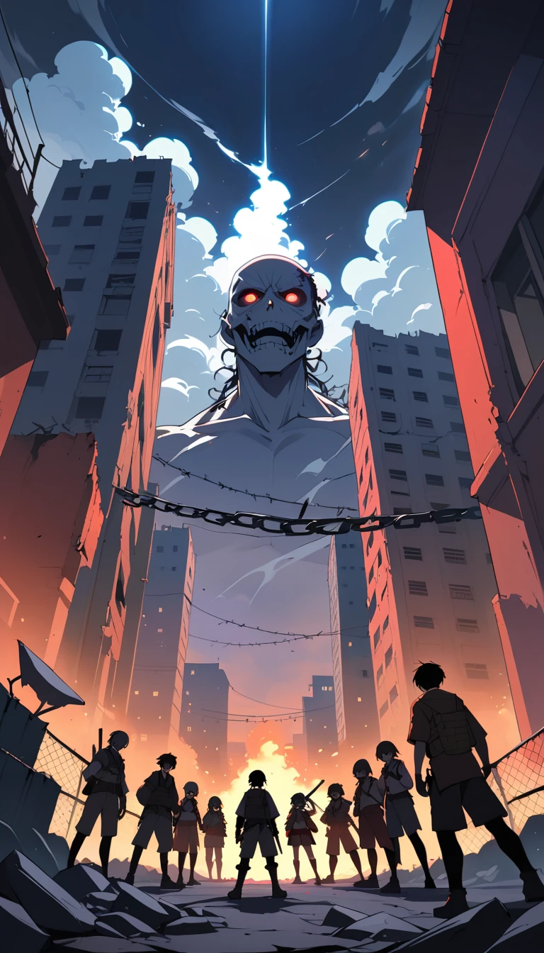 Estudantes de anime lutando contra zumbis em pátio escolar urbano em ruínas