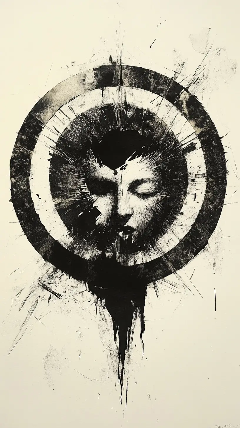 Circular eclipse design with fragmented gothic ink ornament