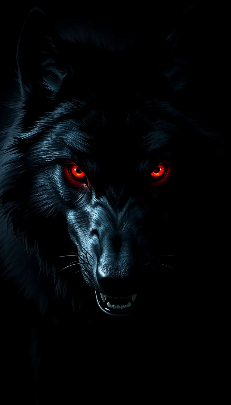 Imenso lobo negro com olhos vermelhos brilhantes na escuridão