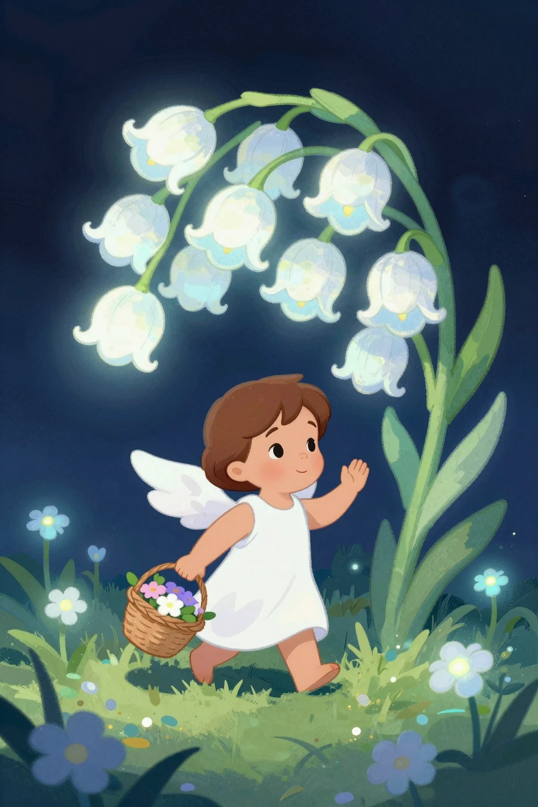Menina anjo sob flor de campânula branca brilhante