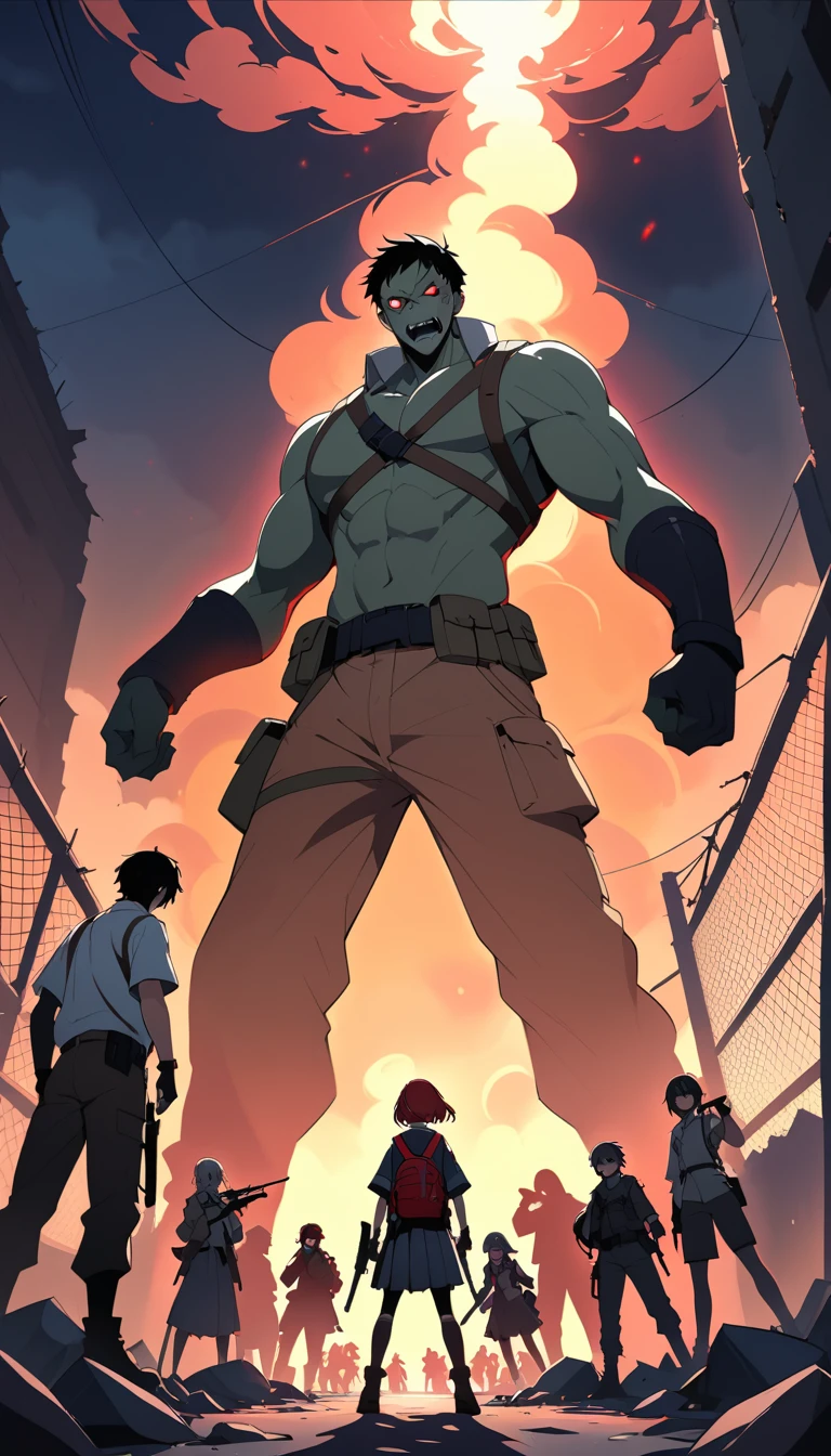 Estudantes de anime enfrentando um apocalipse zumbi em ruas destruídas