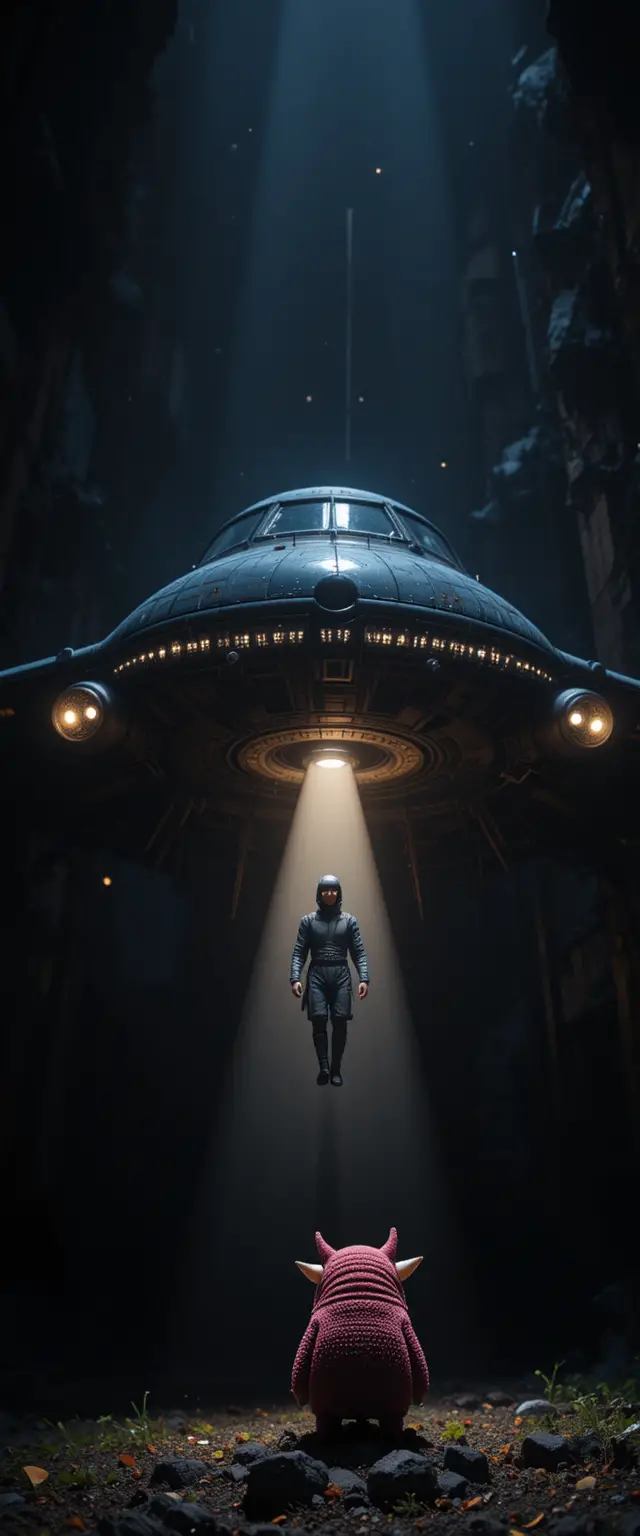 High contrast UFO abduction scene in deep darkness