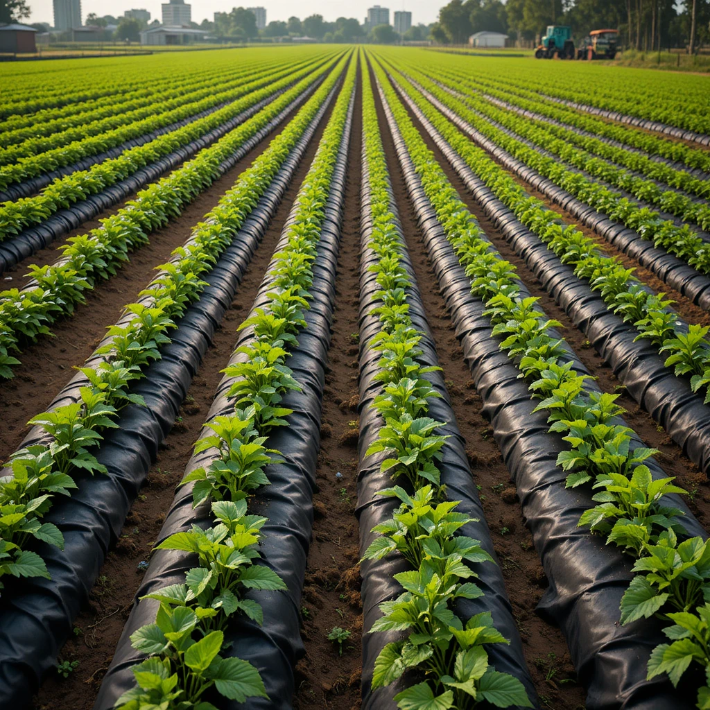 Plantas de pimenta em fileiras com mulching plástico em campo aberto