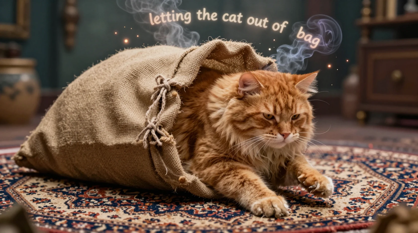 Gato atigrado naranja saliendo de un saco de arpillera sobre la alfombra