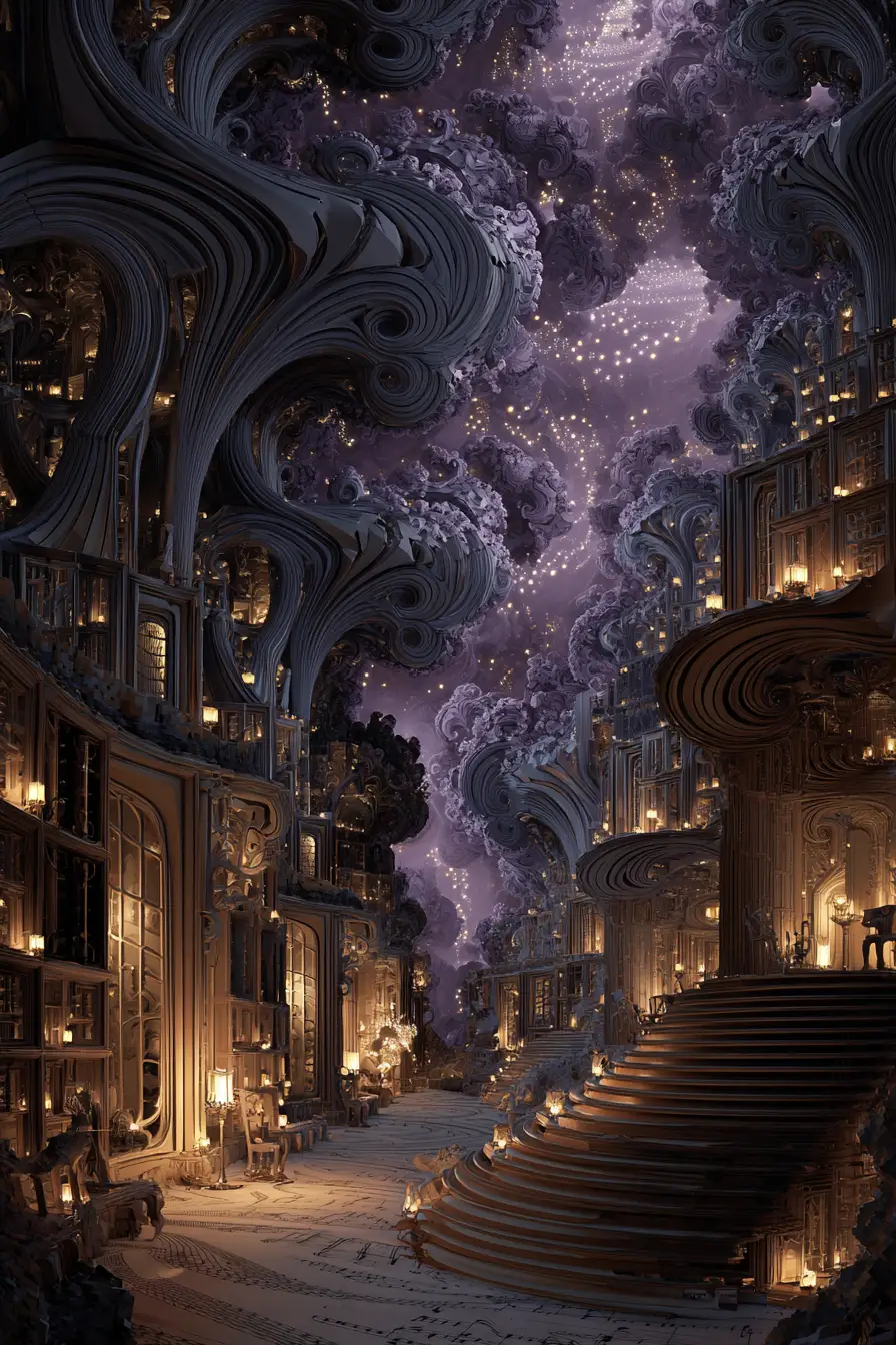 Casa fantastica di forme frattali in un mondo musicale da sogno
