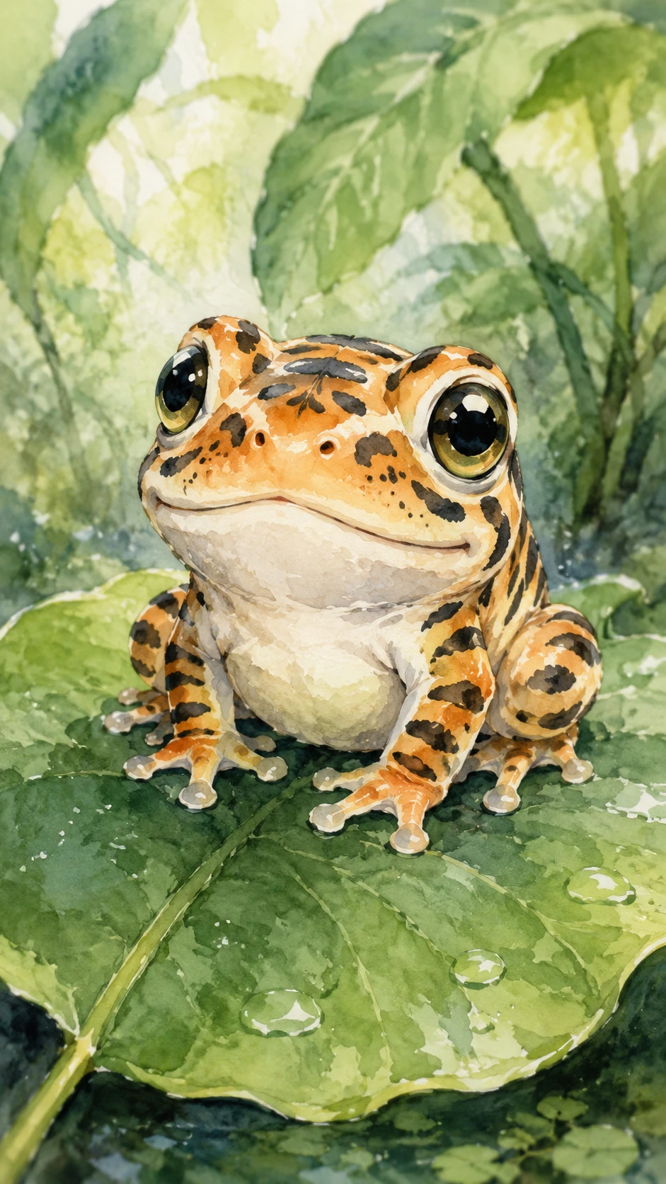 Criatura de sapo-tigre minúscula descansando em uma folha – ilustração