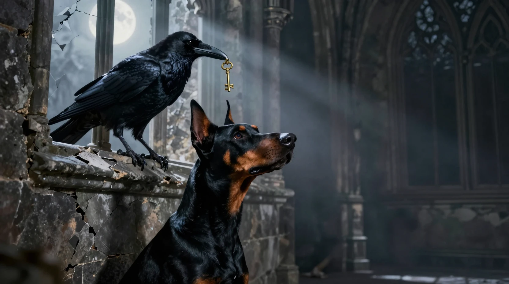 Dobermann regardant un corbeau avec une clé dans une cathédrale en ruines