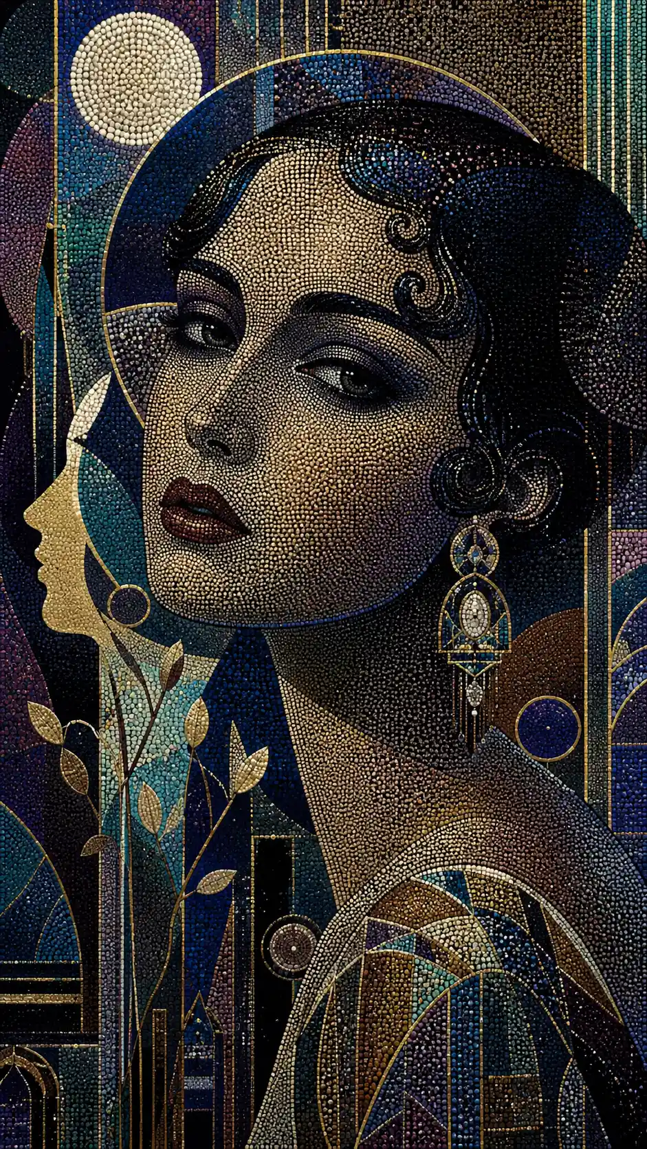 Pointillist portrait of a mysterious woman in art deco style