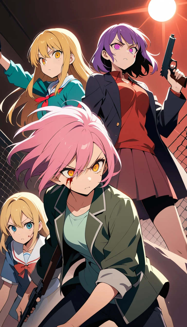 Adolescenti in stile anime di fronte a un'apocalisse zombie tra rovine urbane