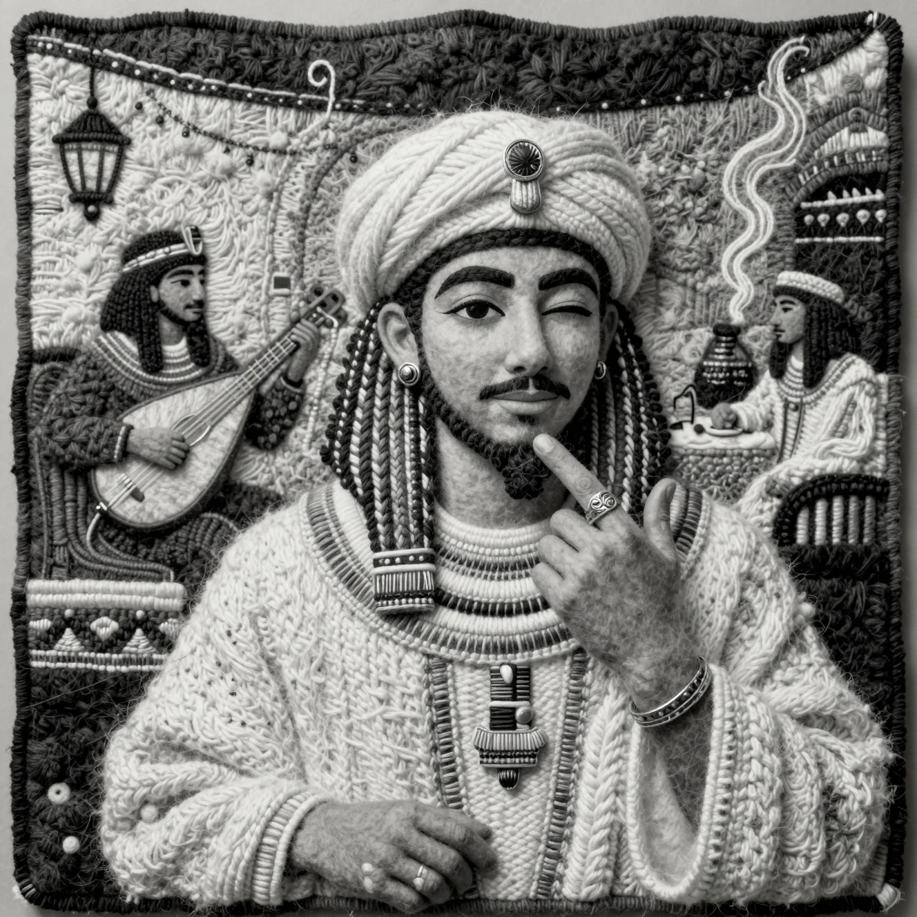Retrato têxtil de um homem egípcio em um café tradicional