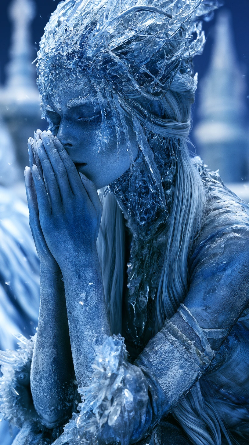 Regina di ghiaccio che soffia schegge di brina contro il suo nemico