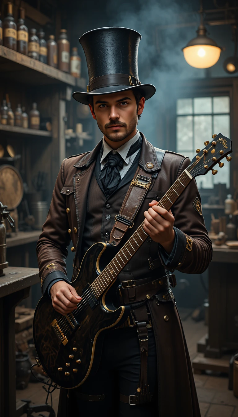 Steampunk-Mann mit Gitarre in einer Schmiedewerkstatt