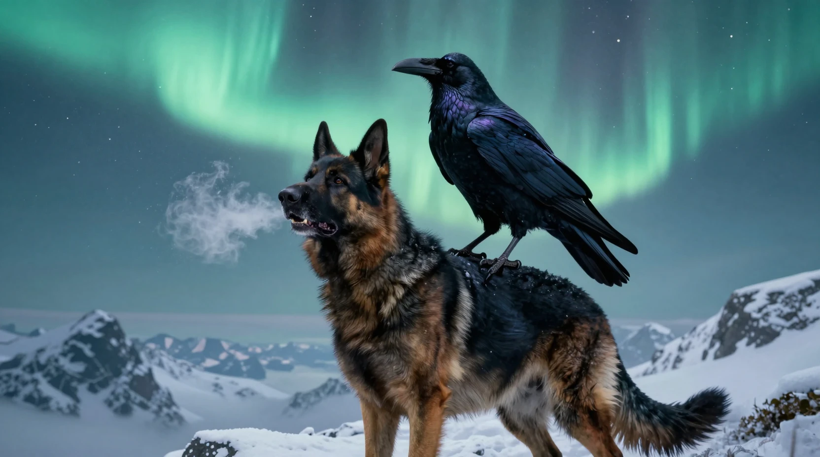 Cão nórdico e corvo sob aurora brilhante no pico nevado