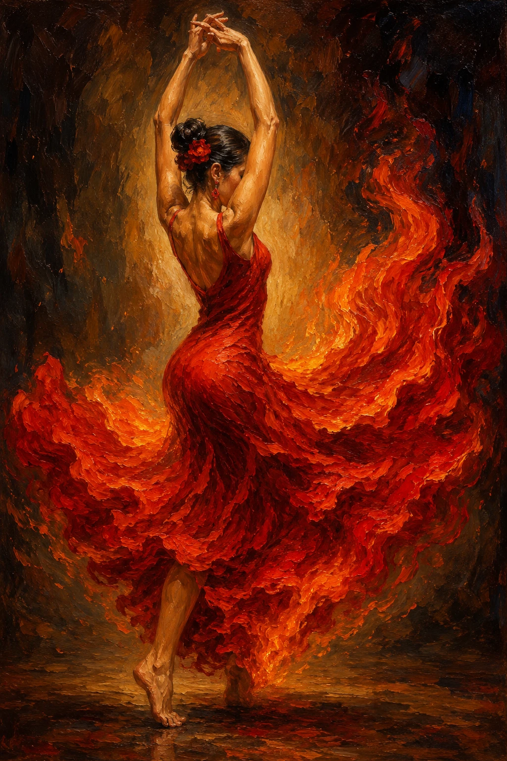 Élégante danseuse de flamenco en robe rouge tourbillonnante