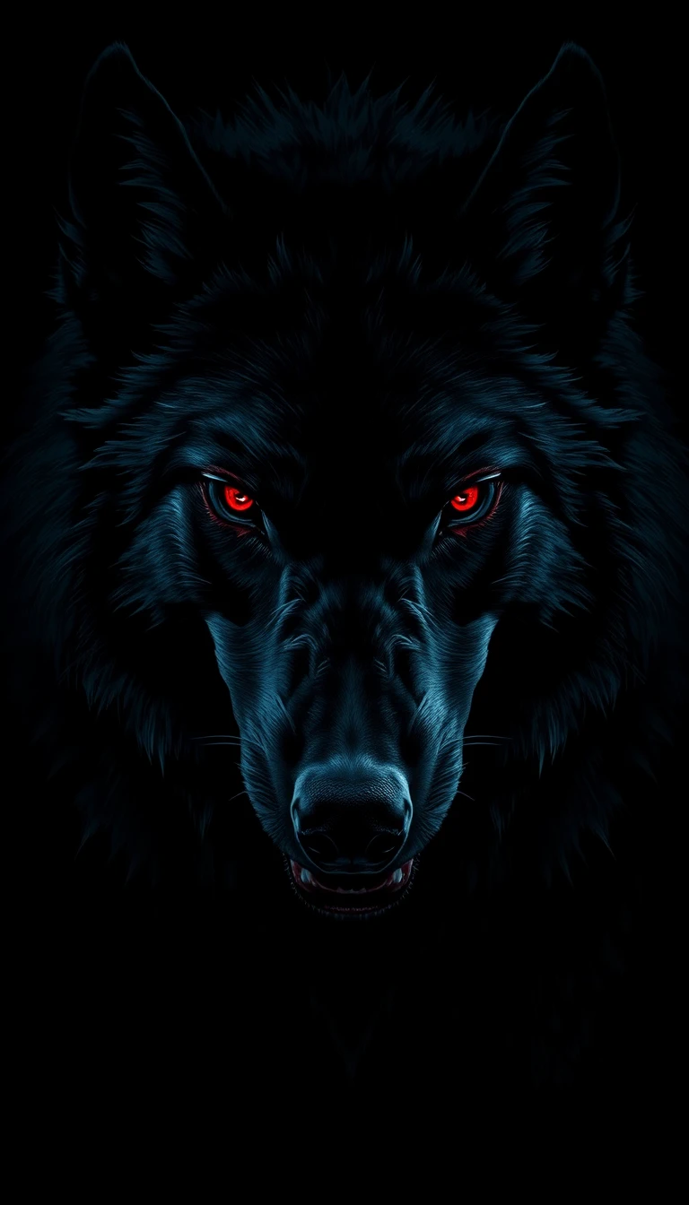Enorme lobo negro com olhos vermelhos brilhantes na escuridão