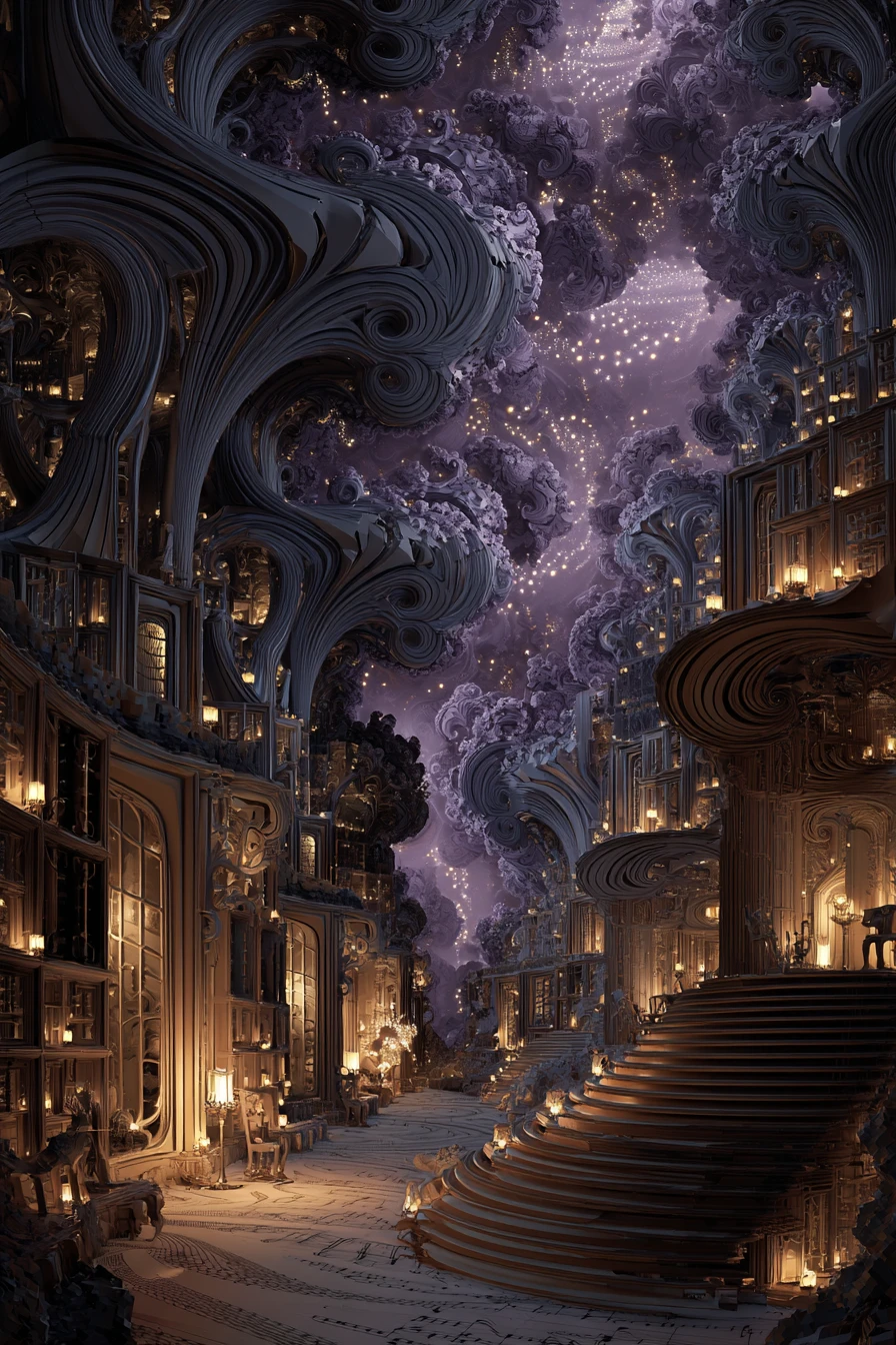 Casa fantástica de formas fractales en un mundo musical de ensueño