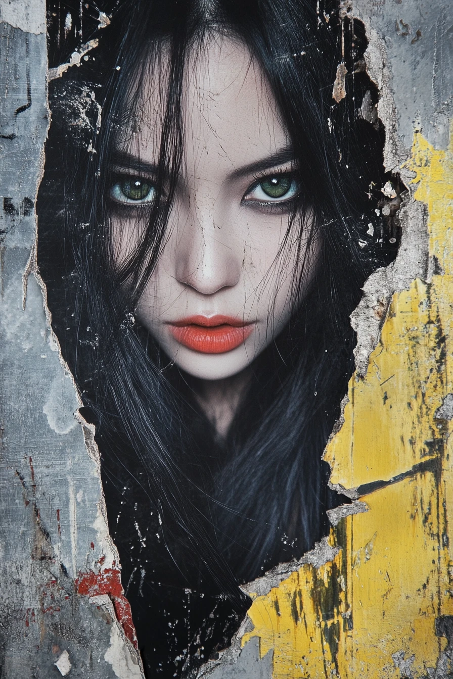 Poster strappato con ritratto gotico di donna cinese